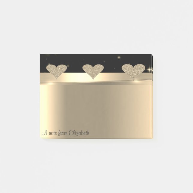 Elegant Modern Glittery Guld Hearts - Personlig Post-it Block (Framsida)