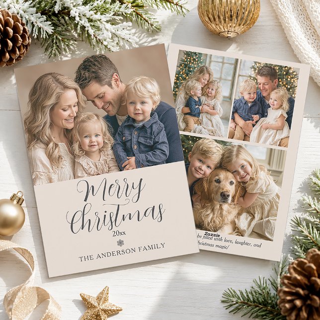 Elegant Modern God Jul Familjefoto Julkort (Elegant modern 4 photo Merry Christmas greeting card)