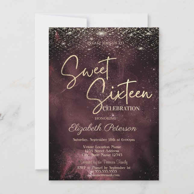 Elegant Modern Gold Stars Burgundy Sweet 16 Inbjudningar (Framsida)