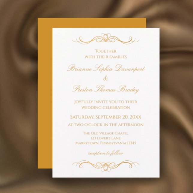 Elegant Modern Gold & White Custom Script Wedding Inbjudningar (Personalize this unique elegant gold and white wedding invitation template. Whimsical modern script.)