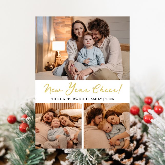 Elegant Modern Gott nytt år Black 3 Collage Julkort (Skapare uppladdad)