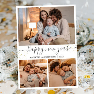 Elegant Modern Gott nytt år Black 3 Collage Julkort