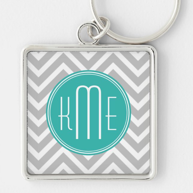 Elegant Modern Grå Chevron och Mint Monogram Fyrkantig Silverfärgad Nyckelring (Framsidan)
