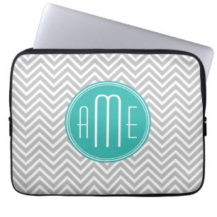 Elegant Modern Grå Chevron och Mint Monogram Laptop Fodral