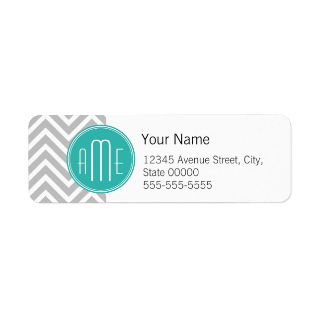 Elegant Modern Grå Chevron och Mint Monogram Returadress Etikett (Framsidan)