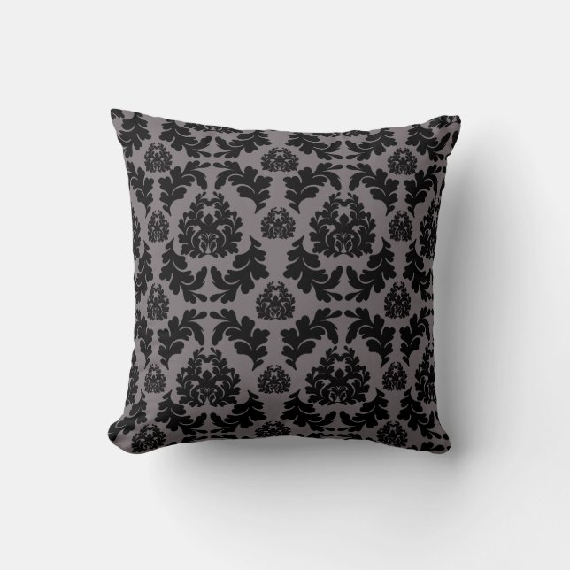 Elegant modern grå och svart damast kastkudde kudde (Framsida)