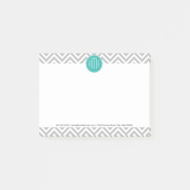 Elegant Modern Grått Chevron och Mint Monogram Post-it Block (Framsida)