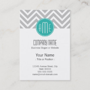 Elegant Modern Grått Chevron och Mint Monogram Visitkort