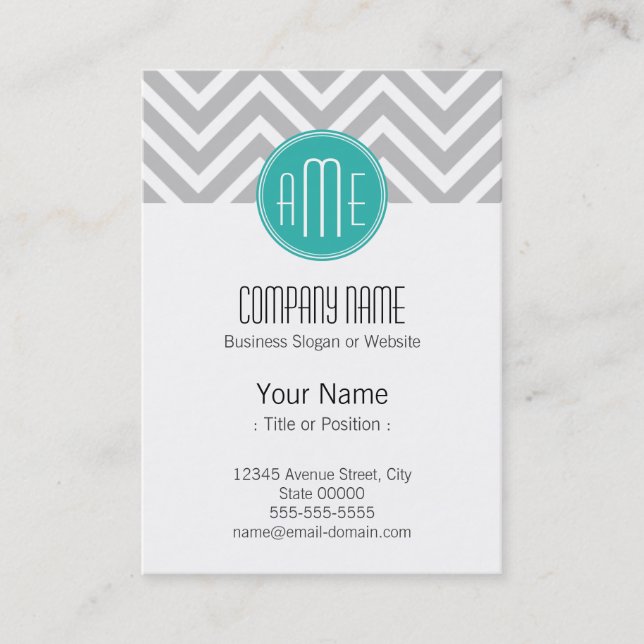 Elegant Modern Grått Chevron och Mint Monogram Visitkort (Framsida)