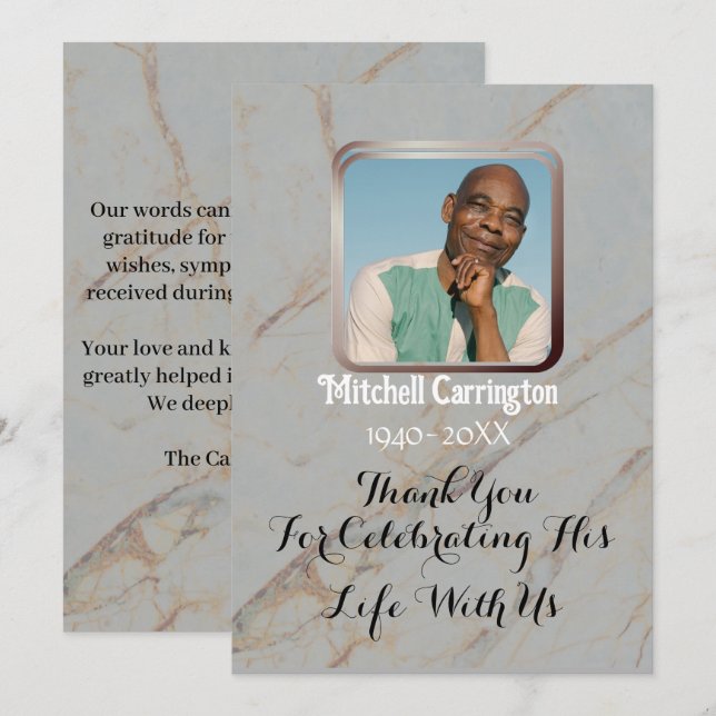 Elegant Modern Grått Marble Memorial Photo Tack Kort (Fram/baksida)