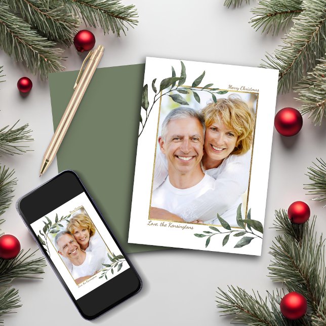Elegant Modern Grey jul-Helgdag, foto Julkort (Elegant Modern Greenery Christmas Holiday Photo Card)