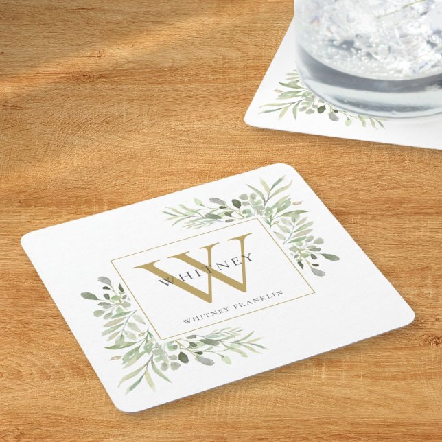 Elegant modern grön flora med guldmonogram underlägg papper kvadrat (Gold Monogram Elegant Modern Greenery Floral Square Paper Coaster)