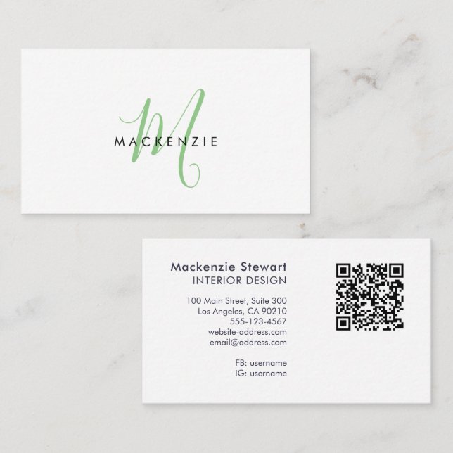 Elegant Modern Grön Skript Monogram QR-kod Visitkort (Fram/baksida)