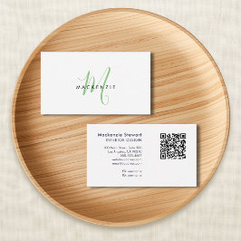 Elegant Modern Grön Skript Monogram QR-kod Visitkort