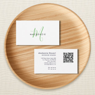 Elegant Modern Grön Skript Monogram QR-kod Visitkort