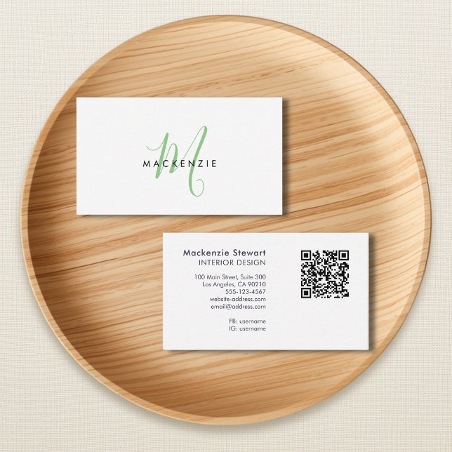 Elegant Modern Grön Skript Monogram QR-kod Visitkort (Skapare uppladdad)