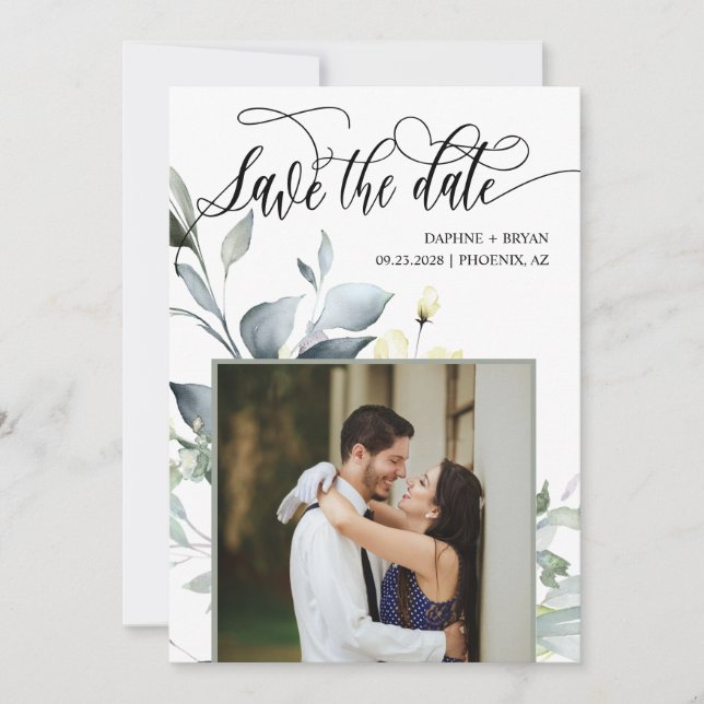 Elegant Modern Gröna Blad QR-kod Foto Bröllop Spara Datumet (Framsida)