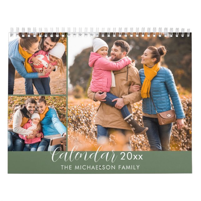 Elegant Modern Grönt 3-fotofamilj Kalender (Omslag)