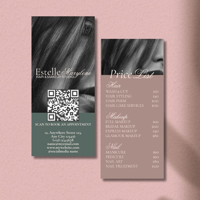 Elegant Modern Grönt Brown Photo Hair Studio Reklamkort (Skapare uppladdad)