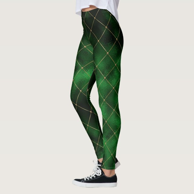Elegant Modern Grönt Guld Diamond Square Mönster Leggings (Vänster)