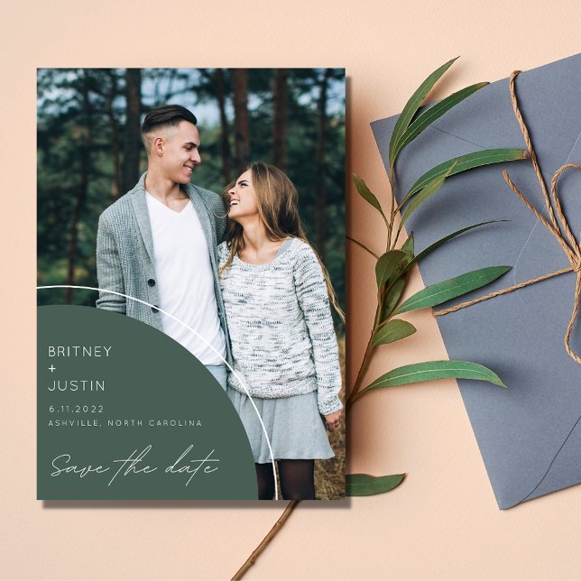 Elegant Modern Grönt Photo Bröllop spara datum Spara Datumet (Modern Green Photo Wedding Save The Date)