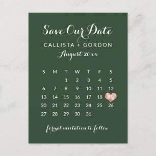 Elegant Modern Grönt Ro Guld Heart Calendar Meddelande Vykort