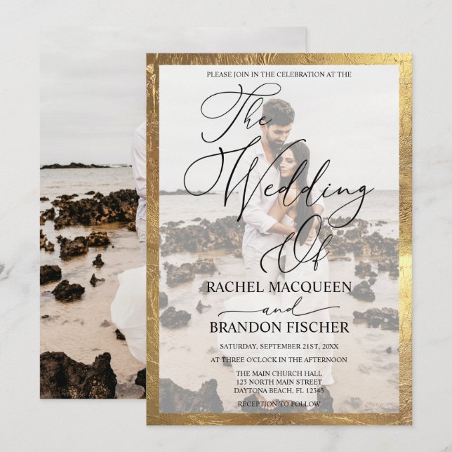 Elegant Modern Guld-bildat par foto Bröllop Inbjudningar (Fram/baksida)
