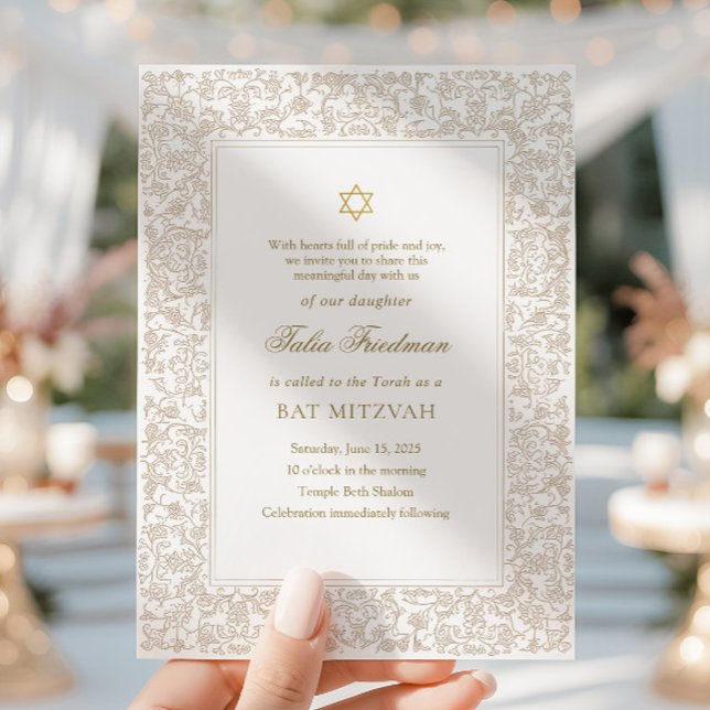 Elegant Modern Guld Blommig Bat Mitzvah  Inbjudningar (Skapare uppladdad)