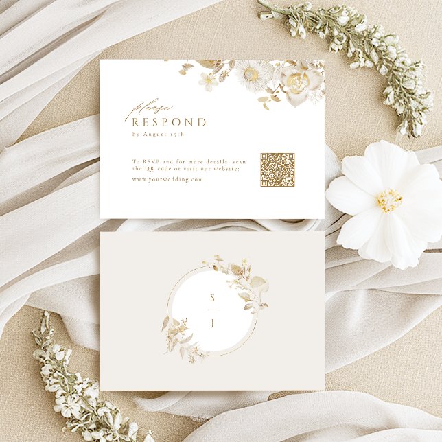 Elegant Modern Guld Blommigt Bröllop QR-kod för OSA Kort (Elegant Modern Gold Floral Wedding QR code RSVP Card)