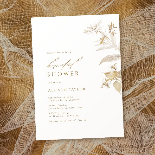 Elegant Modern Guld Botanisk Blommig Bröllopsdusch Inbjudningar (Elegant Modern Gold Botanical Floral Bridal Shower Invitation)