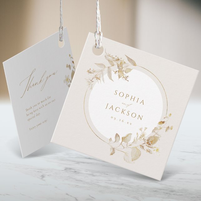 Elegant Modern Guld Botaniska Blommigten Bröllop Gåvor Etiketter (Elegant Modern Gold Botanical Floral Wedding Favor Tags)