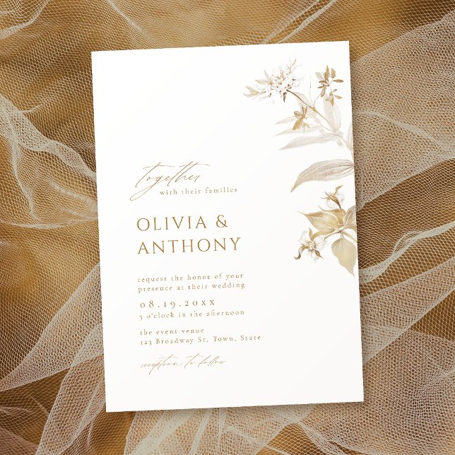 Elegant Modern Guld Botaniska Blommigten Bröllop Inbjudningar (Elegant Modern Gold Botanical Floral Wedding Invitation)