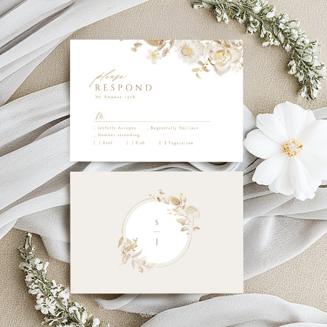 Elegant Modern Guld Botaniska Blommigten Bröllop OSA Kort (Elegant Modern Gold Botanical Floral Wedding RSVP Card)