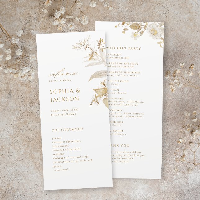 Elegant Modern Guld Botaniska Blommigten Bröllop Program (Elegant Modern Gold Botanical Floral Wedding Program)