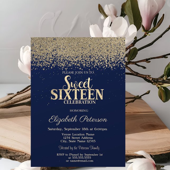 Elegant Modern Guld Diamanter Marinblå Sweet 16 Inbjudningar (Skapare uppladdad)