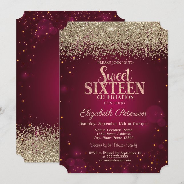 Elegant Modern Guld Diamanter Röd Sweet 16 Inbjudningar (Fram/baksida)