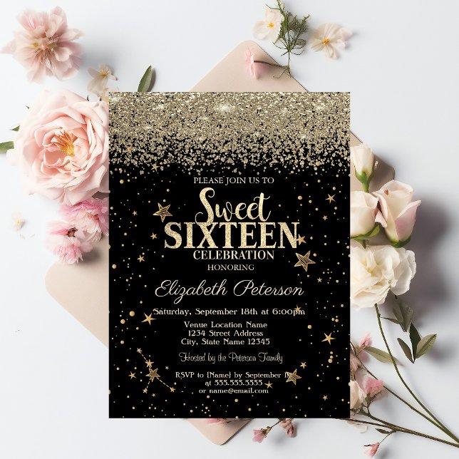 Elegant Modern Guld Diamonds Stars Black Sweet 16 Inbjudningar (Skapare uppladdad)