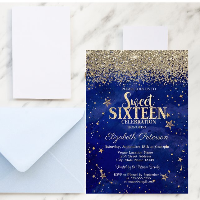 Elegant Modern Guld Diamonds Stars Blue Sweet 16 Inbjudningar (Skapare uppladdad)