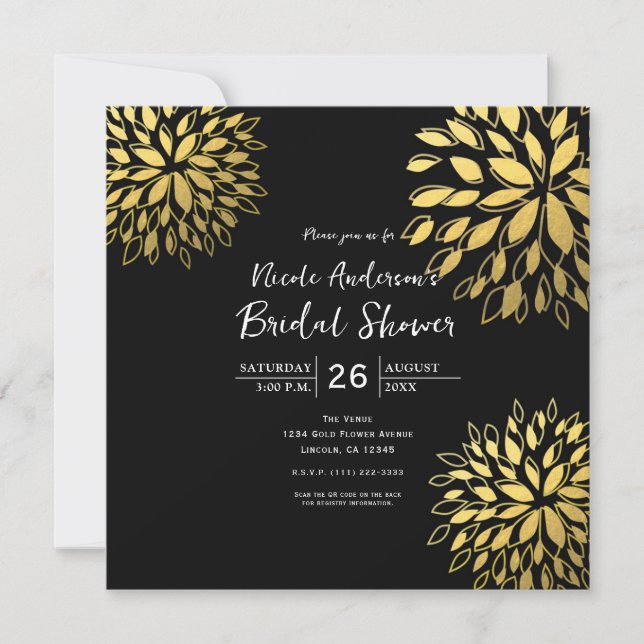 Elegant modern guld folie blom- svart inbjudan (Framsida)