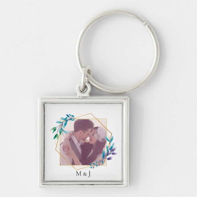 Elegant Modern Guld Geometric och Löv Photo Fyrkantig Silverfärgad Nyckelring (Framsidan)