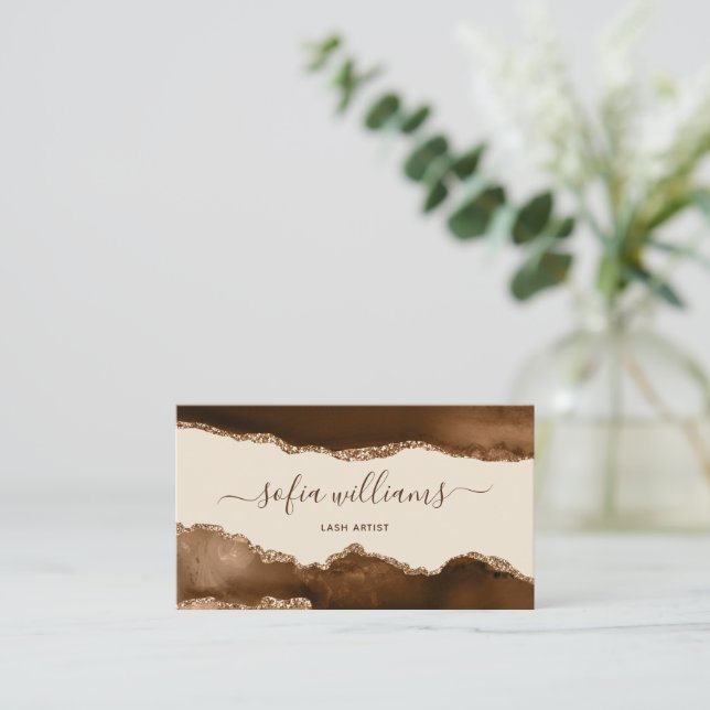 Elegant Modern Guld Glitter Brown Agate Business C Visitkort (Stående Fram)