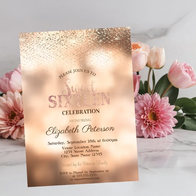 Elegant Modern Guld Konfetti,Bokeh Sweet 16 Inbjudningar (Skapare uppladdad)