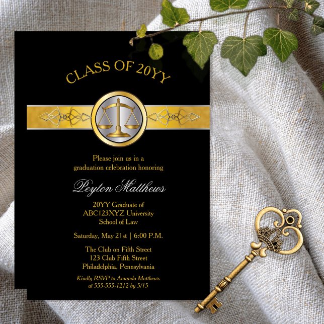 Elegant Modern Guld Law School Studenten Inbjudnin Inbjudningar (Elegant Modern Gold Tone and Black Law School Lawyer | Attorney Graduation Announcement | Invitation)