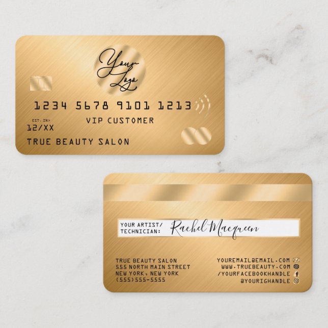 Elegant Modern Guld Metallic Kredit Card Logotyp Visitkort (Fram/baksida)