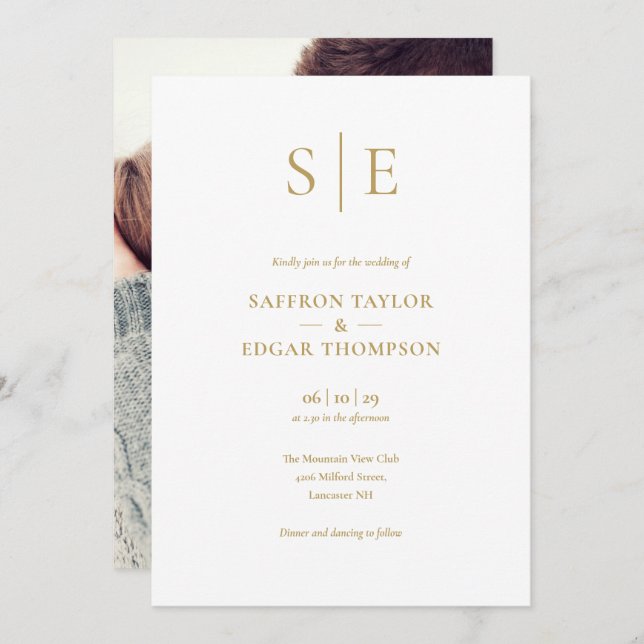 Elegant Modern Guld Monogram Photo Bröllop Inbjudningar (Fram/baksida)