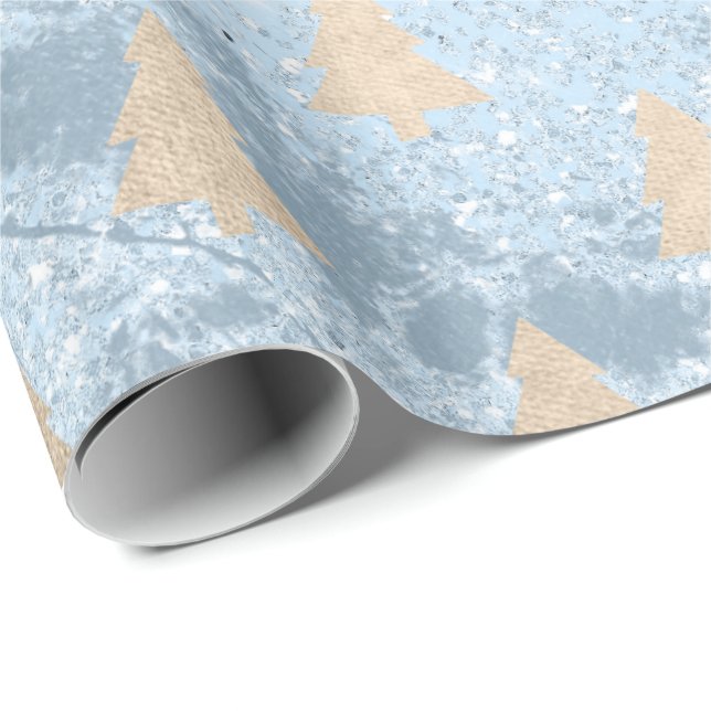 Elegant modern guld och blå Julgran mönster Presentpapper (Rullad Hörn)