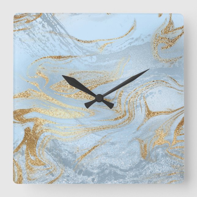 Elegant modern guld och ljusblå marmor glitter fyrkantig klocka (Framsida)