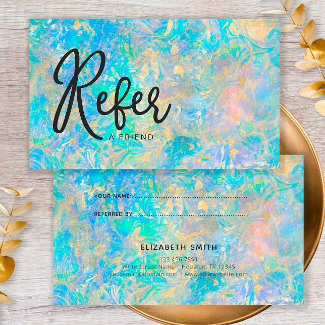 Elegant Modern Guld Opal Sten Refer Referens Visitkort (Front and Back)