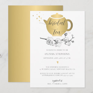Elegant Modern Guld Pot Hearts Orchid Möhippa Tea Inbjudningar