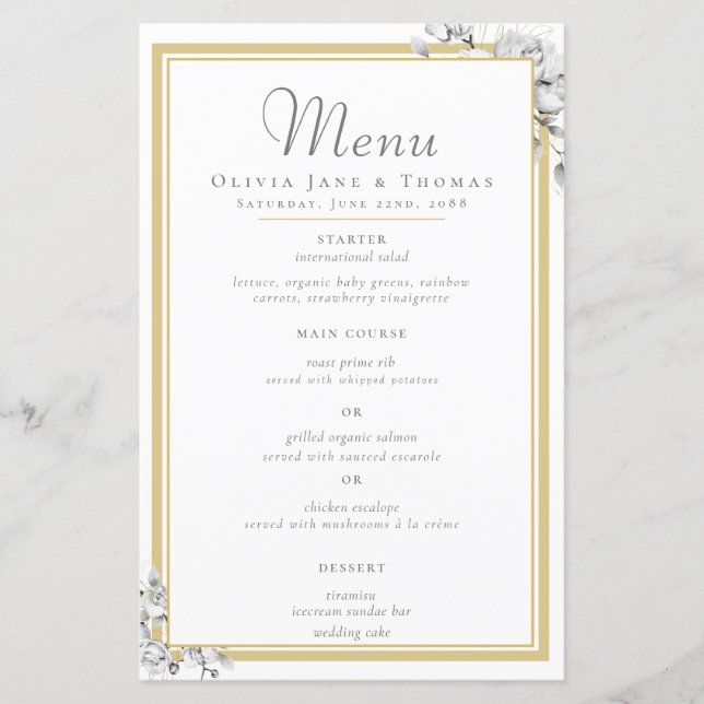 Elegant Modern Guld Ram Blommigt Bröllop Menu (Framsida)